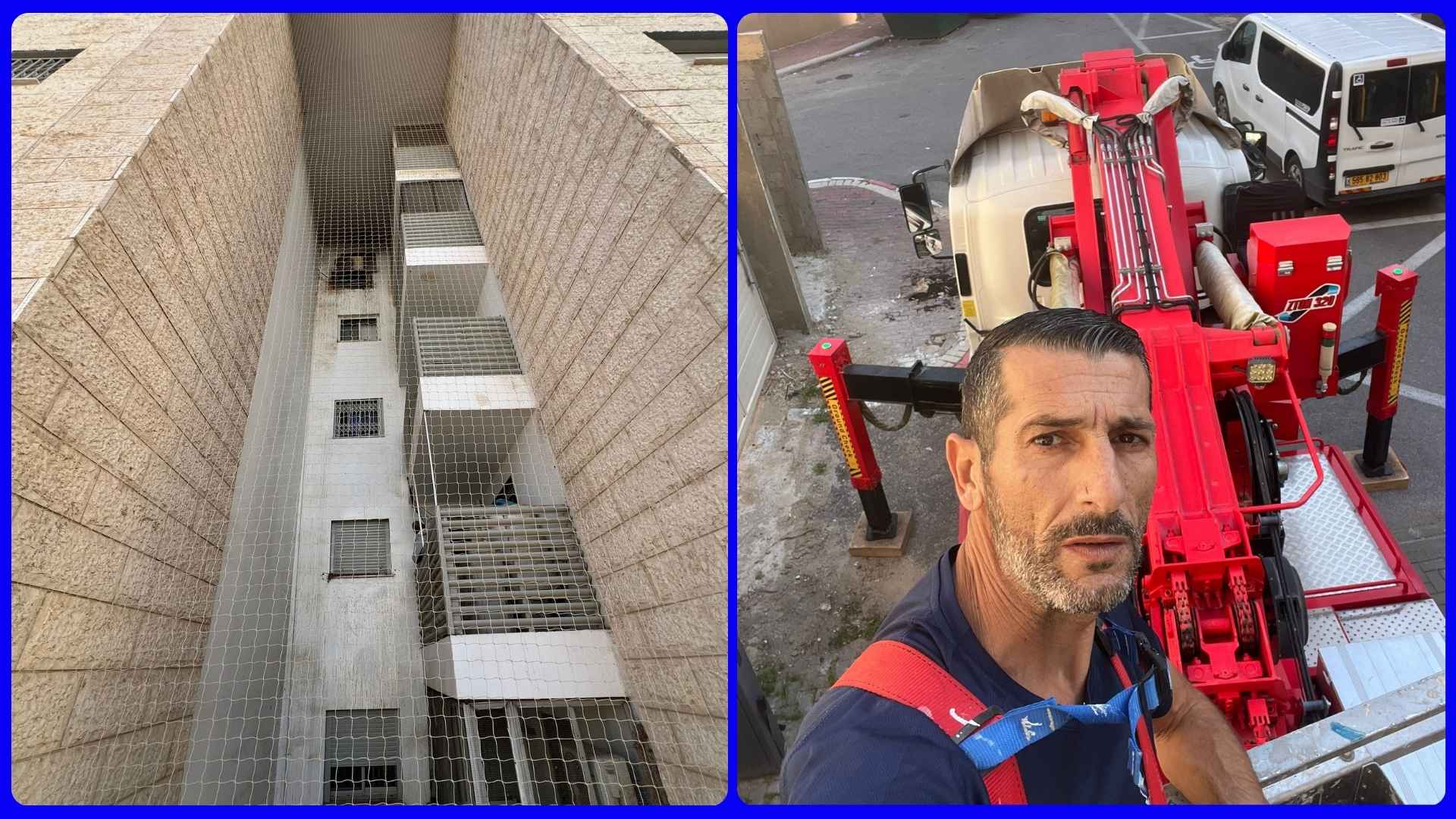 פריסת רשת נגד יונים בגובה על הגג סביב דוד שמש