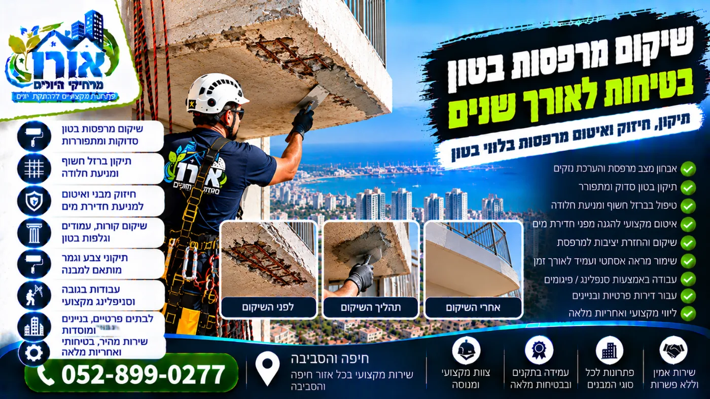 שיקום מרפסות בטון – תיקון בטון מתפורר וברזל חשוף במרפסת בסנפלינג, לפני ואחרי
