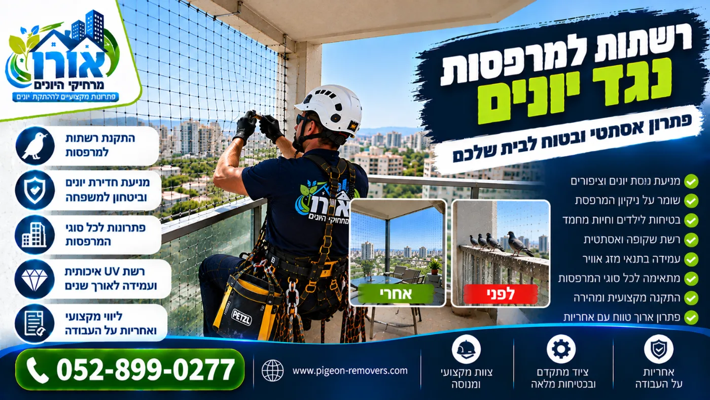 רשתות למרפסות נגד יונים – התקנת רשת שקופה במרפסת, לפני ואחרי