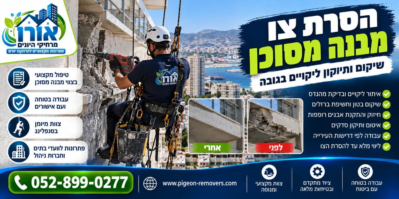 שיקום מבנה מסוכן – תיקון מרפסת עם בטון מתפורר בגובה, לפני ואחרי