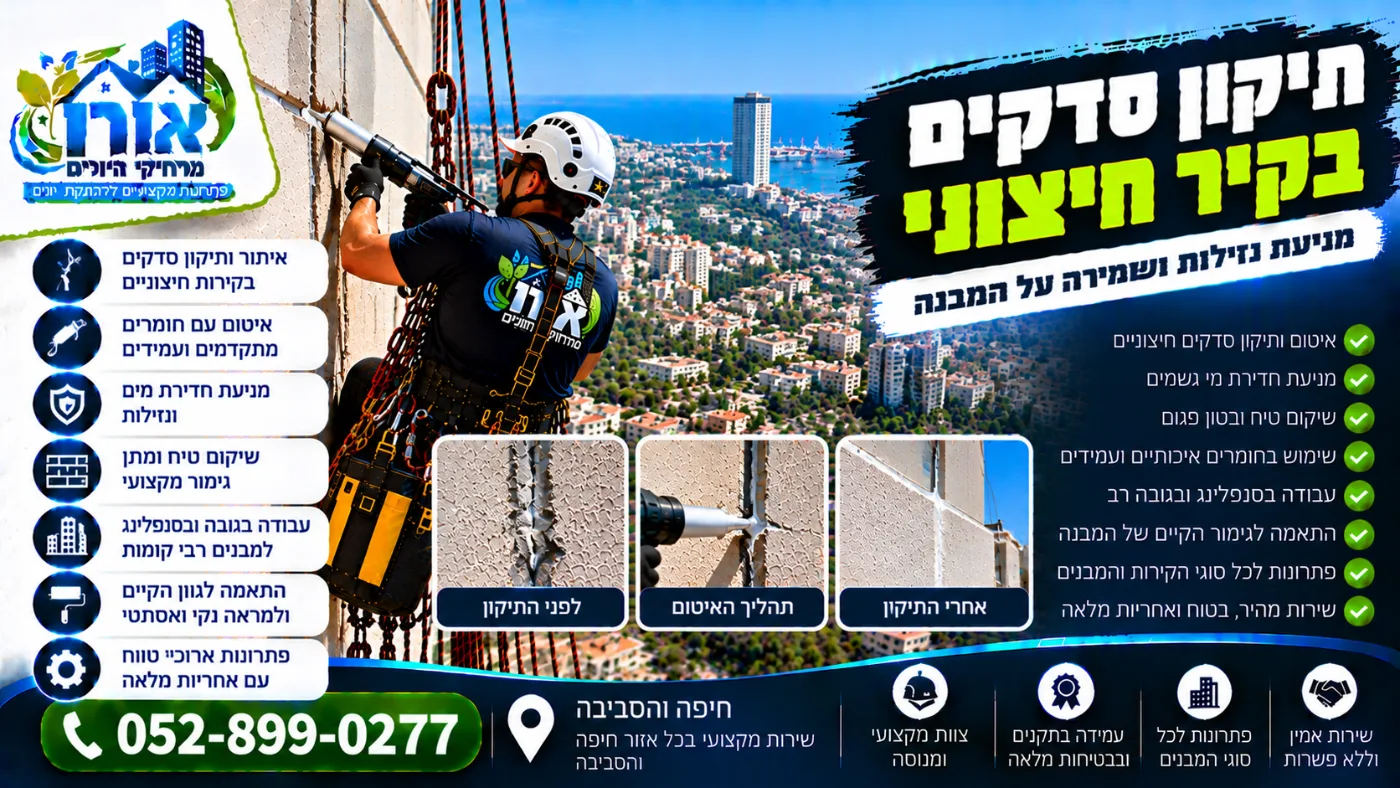תיקון סדקים בקיר חיצוני – פתיחה ואיטום סדק בחזית בניין בסנפלינג, לפני ואחרי
