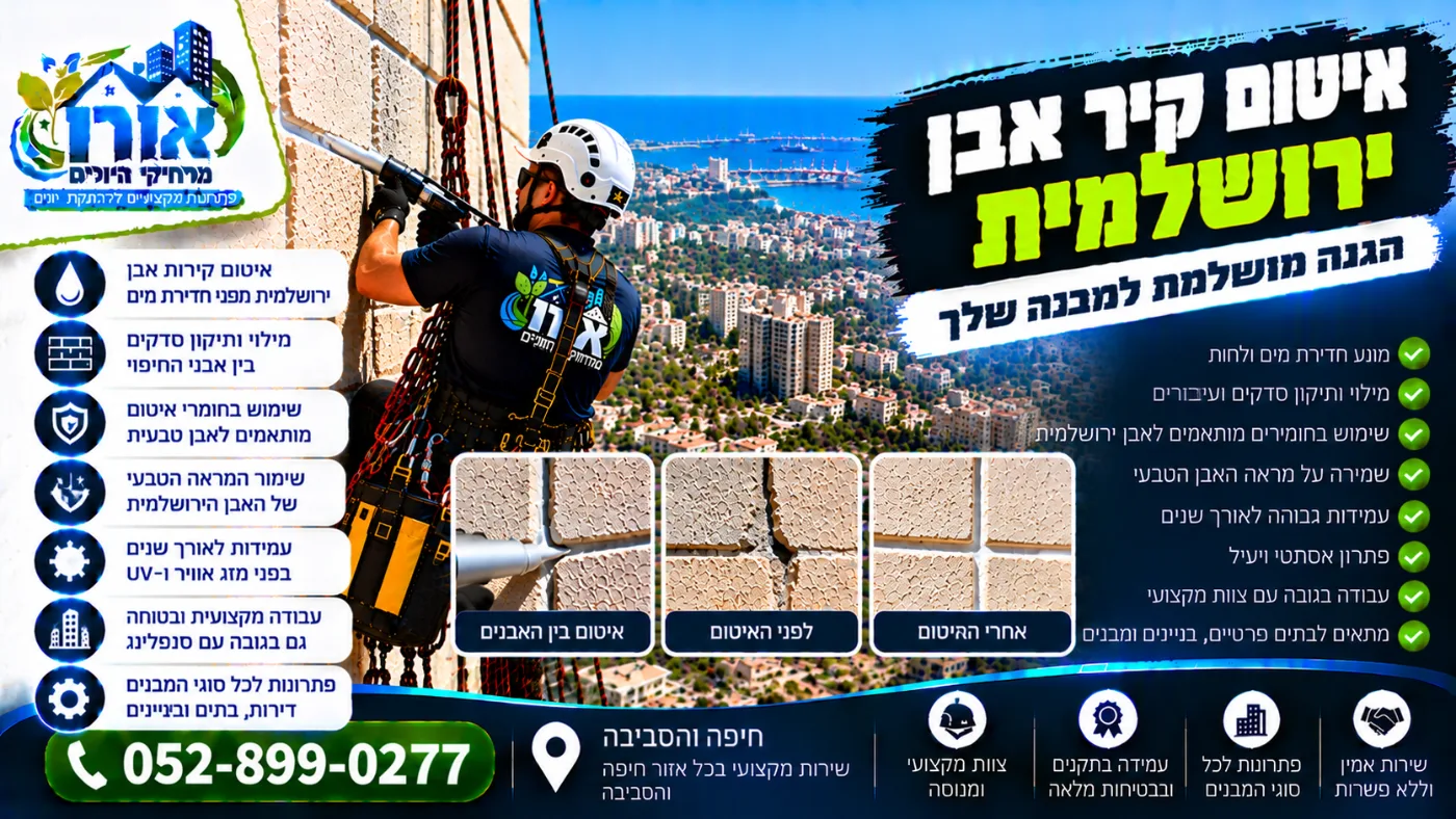 איטום קיר אבן ירושלמית – מילוי פוגות ואיטום בין אבני חיפוי, לפני ואחרי
