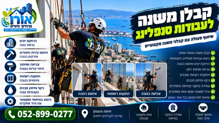 קבלן משנה לעבודות סנפלינג – איטום, התקנת רשתות וצביעה בגובה לקבלנים ויזמים