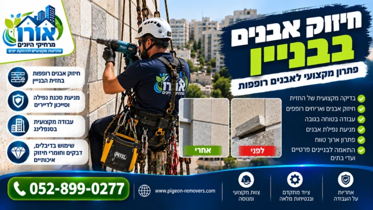 חיזוק אבנים בבניין – עיגון אבן רופפת בחזית בסנפלינג, לפני ואחרי