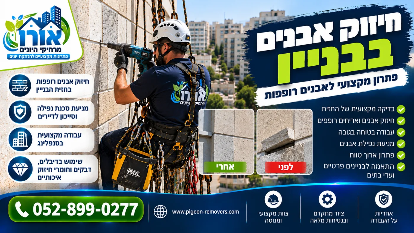 חיזוק אבנים בבניין – עיגון אבן רופפת בחזית בסנפלינג, לפני ואחרי