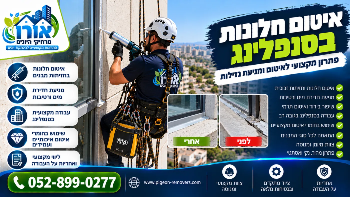 איטום חלונות בסנפלינג – איטום מסגרת חלון בחזית בניין גבוה, לפני ואחרי